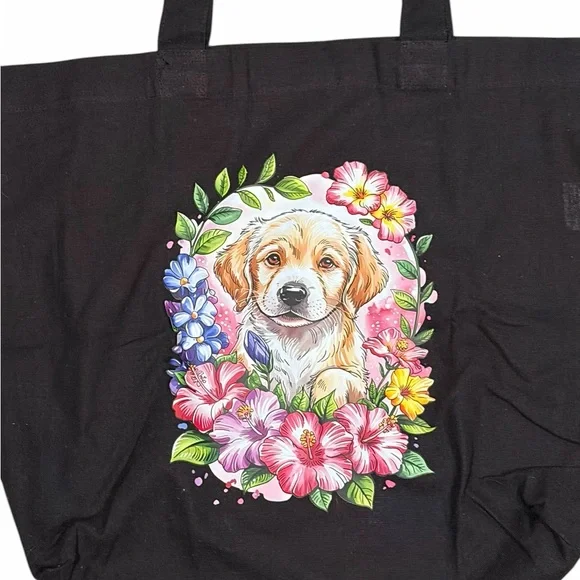 Handmade Dog Floral Canvas Tote Bag Black Reusable Shoulder Bag - Picture 2 of 2
